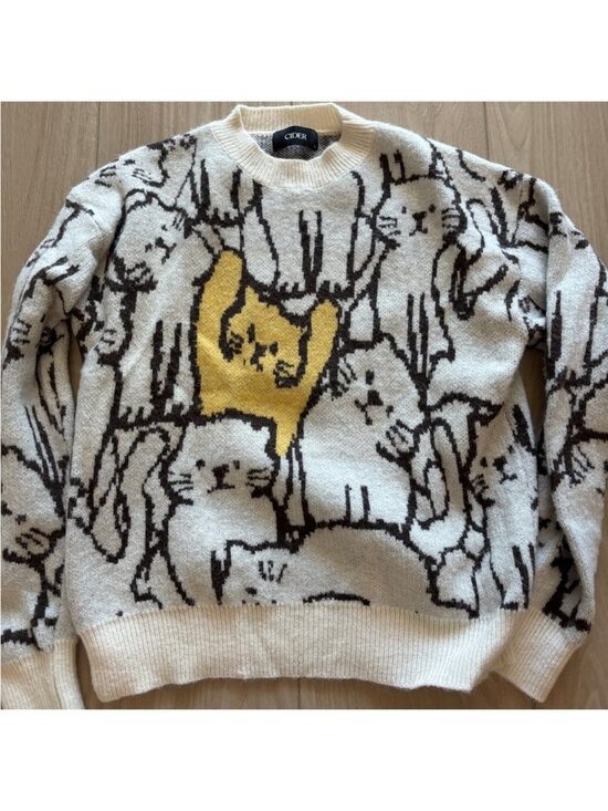 Sweaters - Cream and Yellow Cat Intarsia Crewneck Sweater